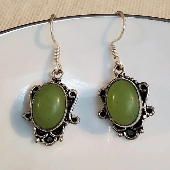 Artisan India Art Nouveau Scrolls Oval Stone 925 Sterling Silver Earrings - Picture 6 of 6